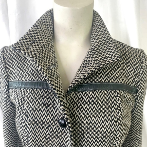 MICHAEL KORS BLACK WHITE COAT WOOL JACKET FULLY LINED LEATHER WOMEN SIZE 4 - Picture 5 of 6